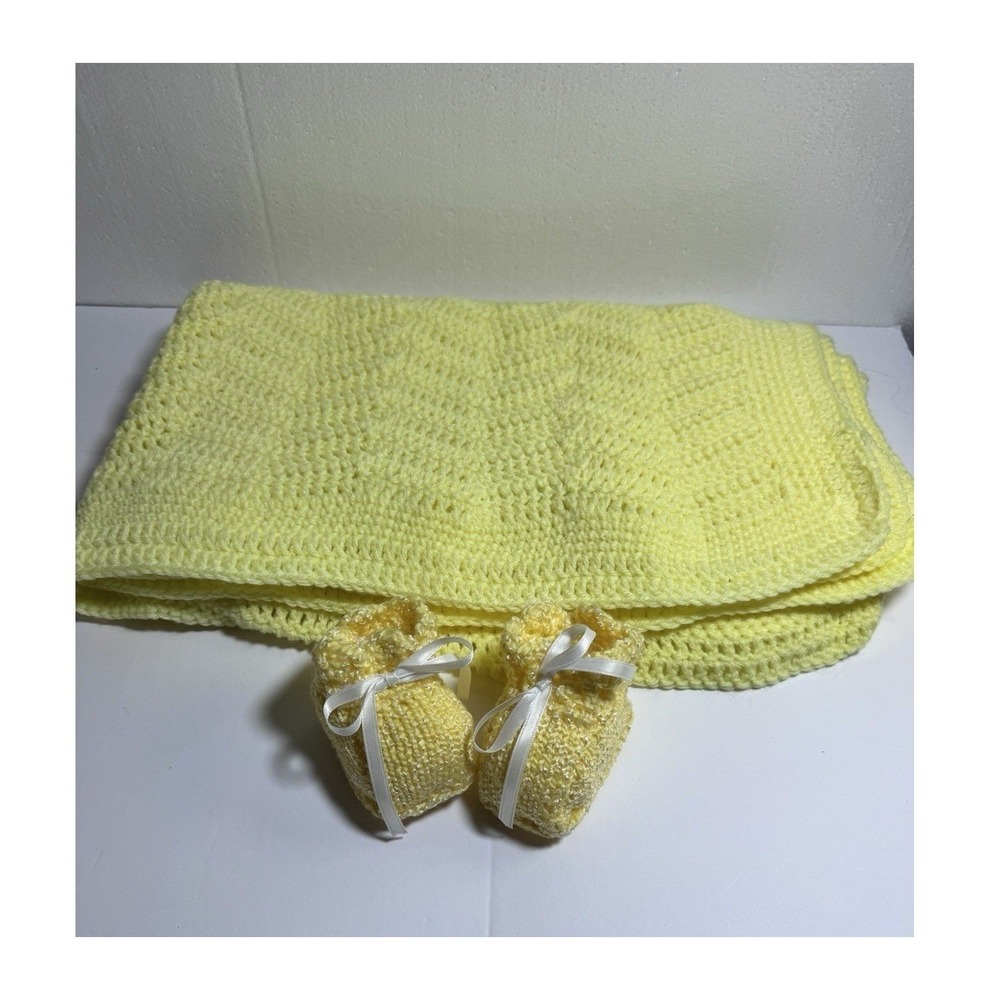 Handmade Crochet Baby Blanket and Booties Set Yellow Chevron Ripple Scalloped